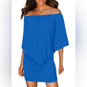Blue off the shoulder party dress size M worn once,‎ flattering fit
